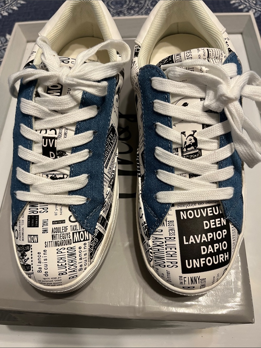 Women’s White Sneakers with Blue Panels and Newsprint